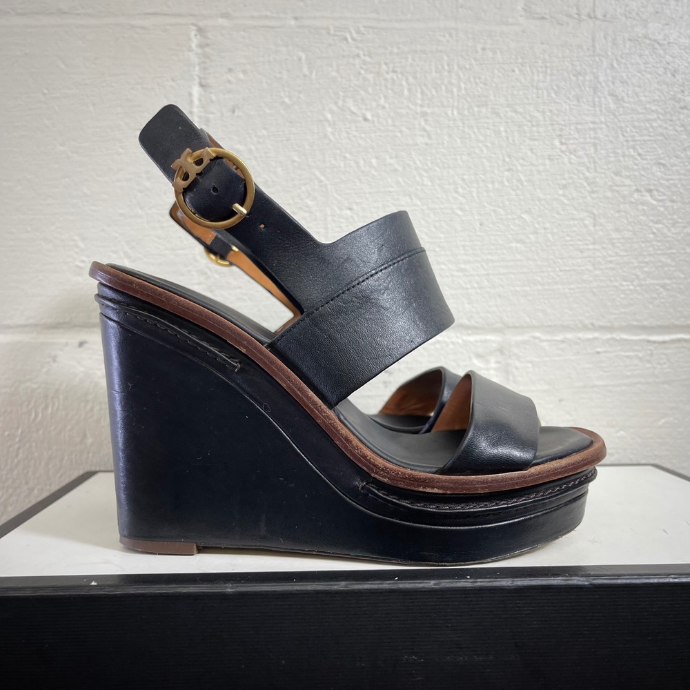 Tory Burch Selby Black Leather Wedge Sandals Ankle Strap Women's US 5.5 M